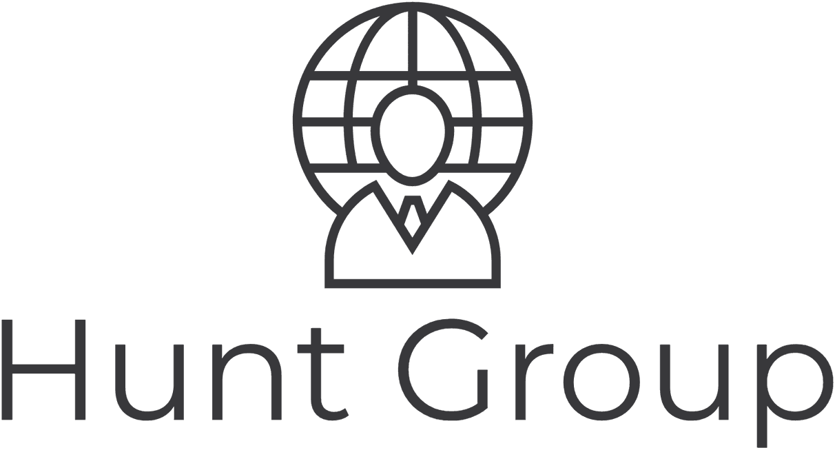 A simple line drawing of a person in front of a globe, symbolizing investigation and security, above the words "Hunt Group" in large, clear font.