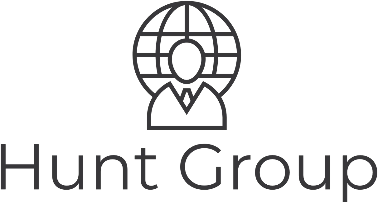 A simple line drawing of a person in front of a globe, symbolizing investigation and security, above the words "Hunt Group" in large, clear font.