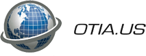 A stylized globe with blue grid lines and a gray ring, symbolizing investigation and security, sits next to the text "OTIA.US" in black, italicized font on a light background.
