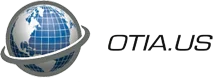 A stylized globe with blue grid lines and a gray ring, symbolizing investigation and security, sits next to the text "OTIA.US" in black, italicized font on a light background.