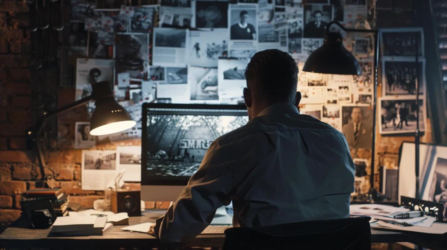 a dimly lit urban office, featuring a focused private investigator scrutinizing evidence on a computer screen, surrounded by photographs and files that suggest a complex infidelity case.