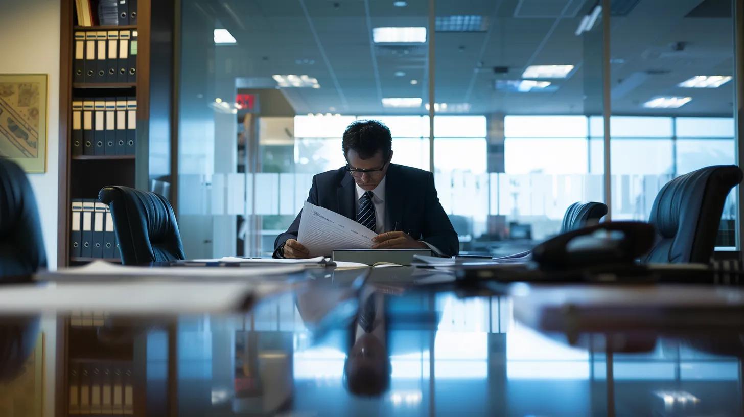 Infidelity Investigations: How Private Investigators Gather Proof of Cheating 11 a focused office environment showcases a legal professional reviewing meticulously organized files and evidence on a sleek conference table, emphasizing the critical role of documented findings in divorce and custody hearings.