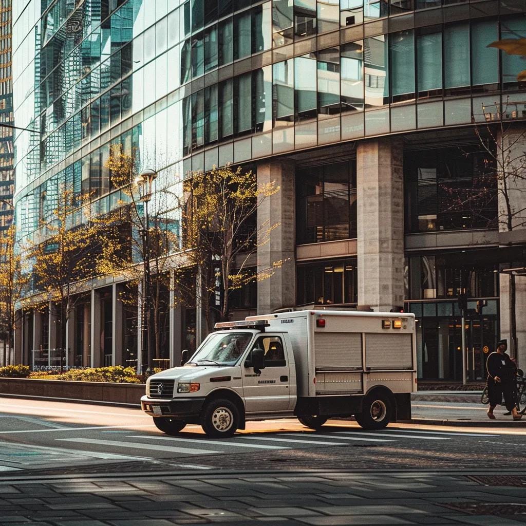 Security Guards in Georgia: Why Demand is Increasing for Business Protection 9 Mobile patrol security vehicle in a busy Georgia business district, representing security services