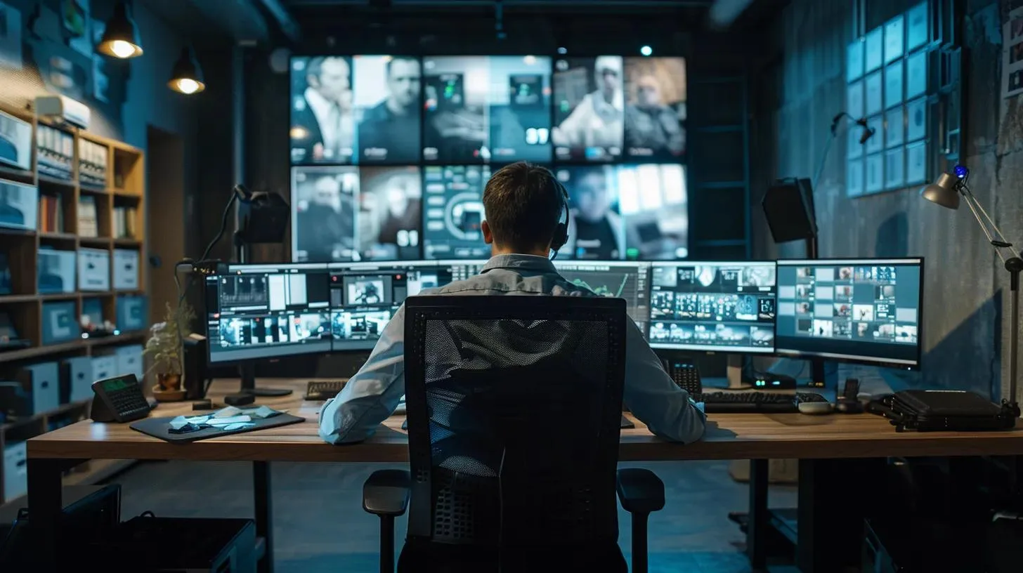 a sleek, modern office filled with high-tech surveillance equipment and computer screens displaying digital evidence, highlighting a private investigator intently analyzing infidelity case data in a focused, professional environment.