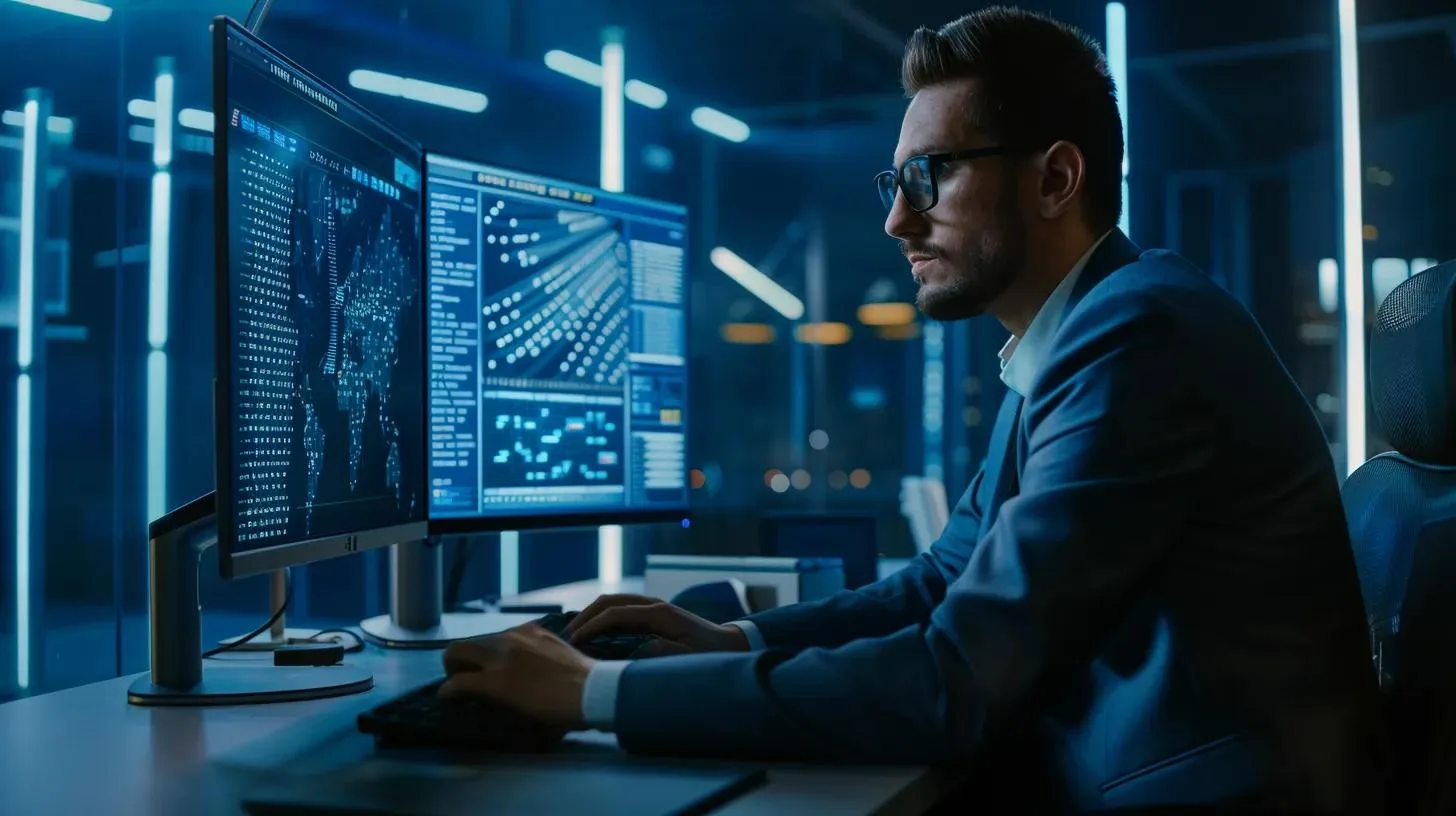 a sleek, modern office space is depicted with a private investigator focused intently on a computer screen displaying secure, encrypted data, conveying an atmosphere of professionalism and confidentiality.