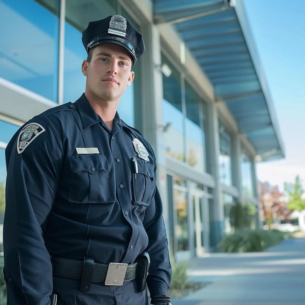 Professional security guard at a business entrance in Georgia, symbolizing safety and protection