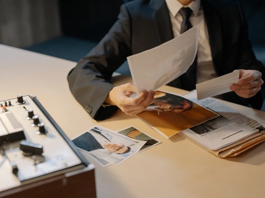 A person in a suit reviews documents and photographs related to infidelity investigations at a desk with a polygraph machine.