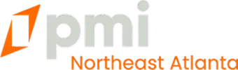 Logo for PMI Northeast Atlanta featuring stylized "pmi" text in gray with an orange geometric design, reflecting investigation and security, and "Northeast Atlanta" written in orange below.