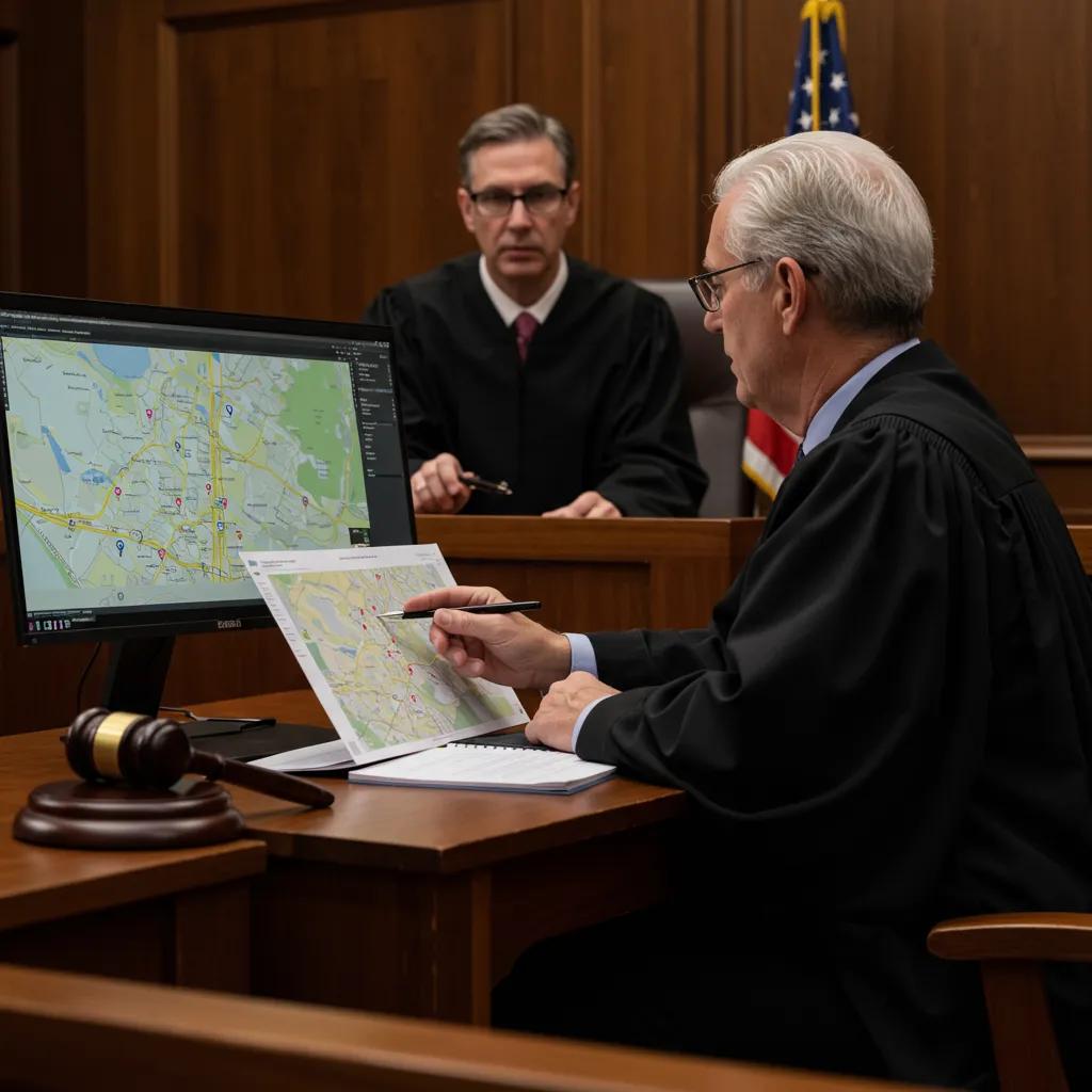 GPS Tracking Investigations: How Technology is Used in Surveillance Cases 2 A courtroom scene where GPS evidence is being presented for admissibility