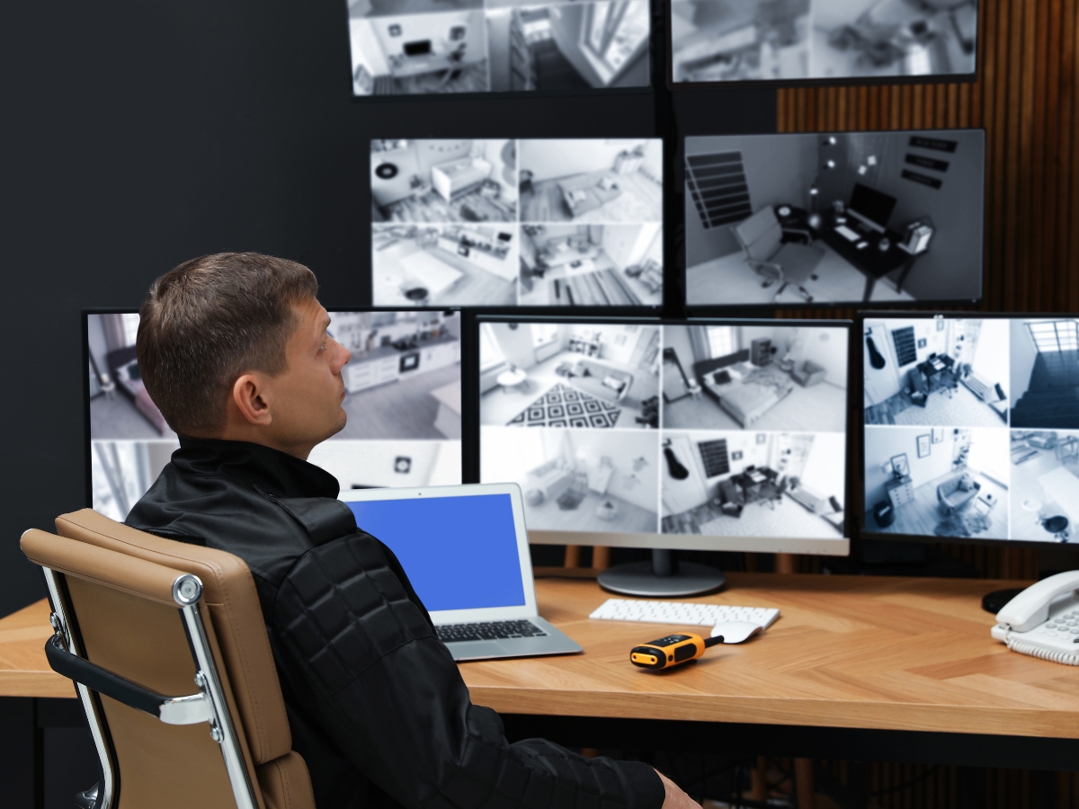 A security guard monitors multiple surveillance camera feeds on several screens at a desk with a laptop, walkie-talkie, and telephone, ensuring reliable holiday security.