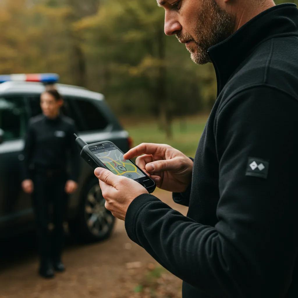 Private investigator using GPS tracking technology outdoors