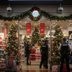 Blog 2 Retail store during holiday season with security measures and festive decorations