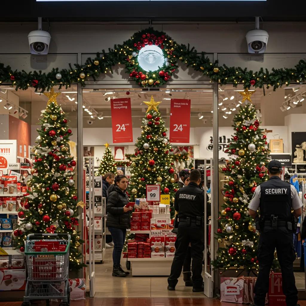 Retail store during holiday season with security measures and festive decorations