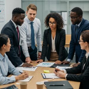 Group of security consultants collaborating on workplace violence prevention strategies