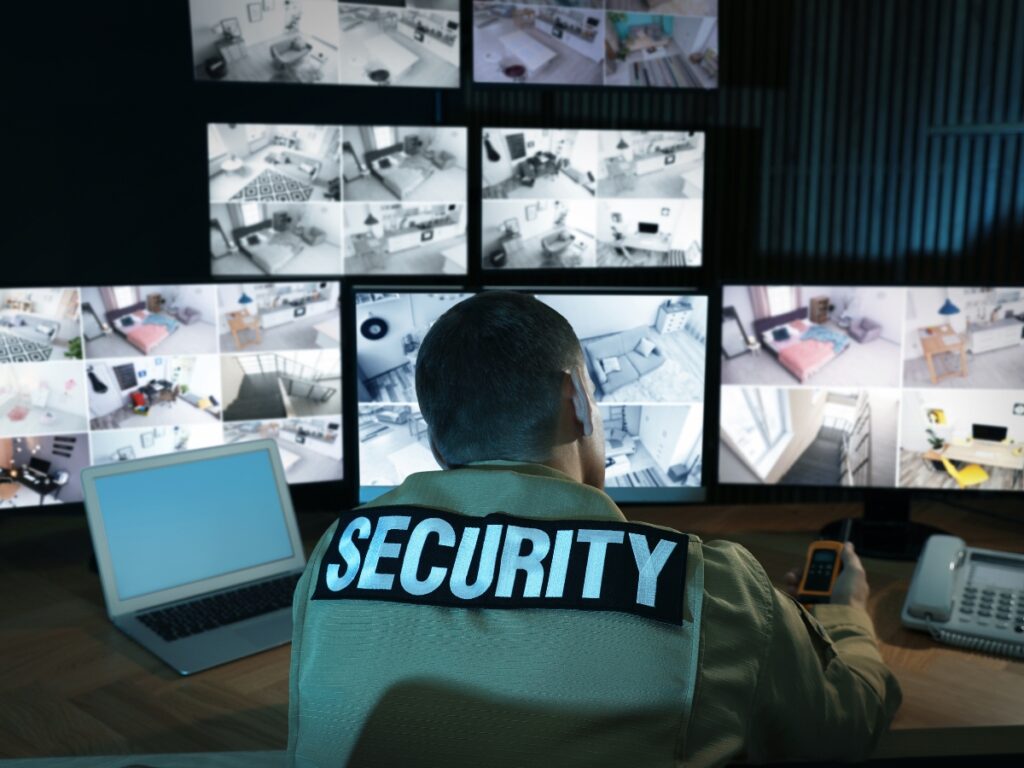 A security guard monitors multiple surveillance camera feeds on large screens at a control desk equipped with a laptop, phone, radio, and Security Consulting Services support.
