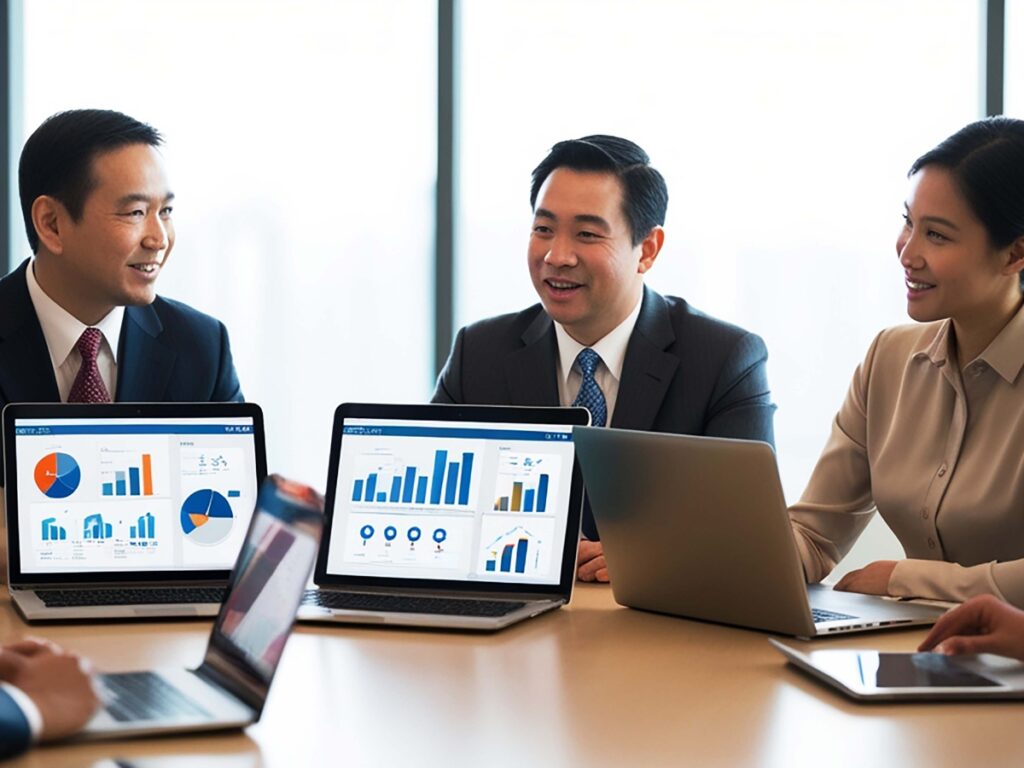 Business Fraud Investigations: How Private Investigators Help Protect Your Company 2 Four professionals in business attire meet at a table with open laptops displaying charts and graphs, discussing data and business fraud investigations in a bright office setting.