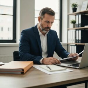 Blog 3 Private investigator reviewing legal documents in an office setting