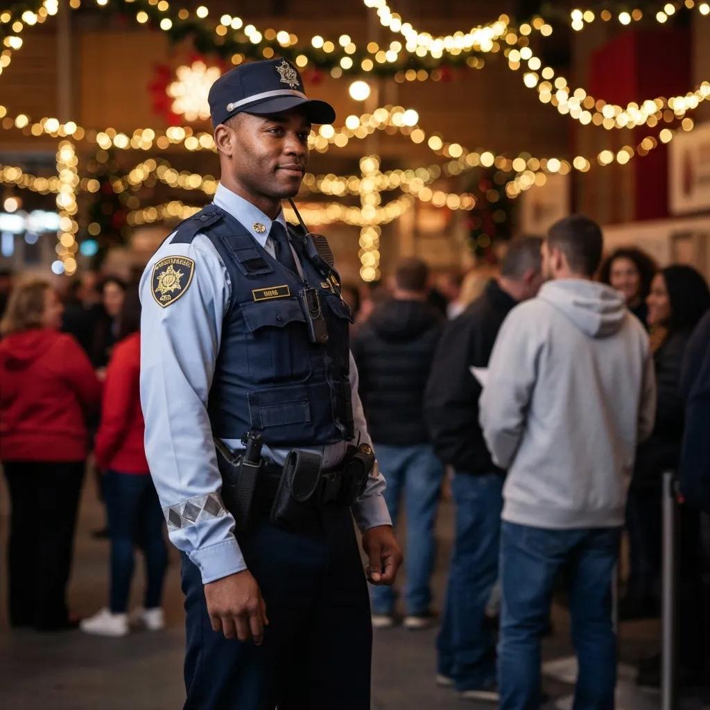 Professional security guard ensuring safety at a festive holiday event