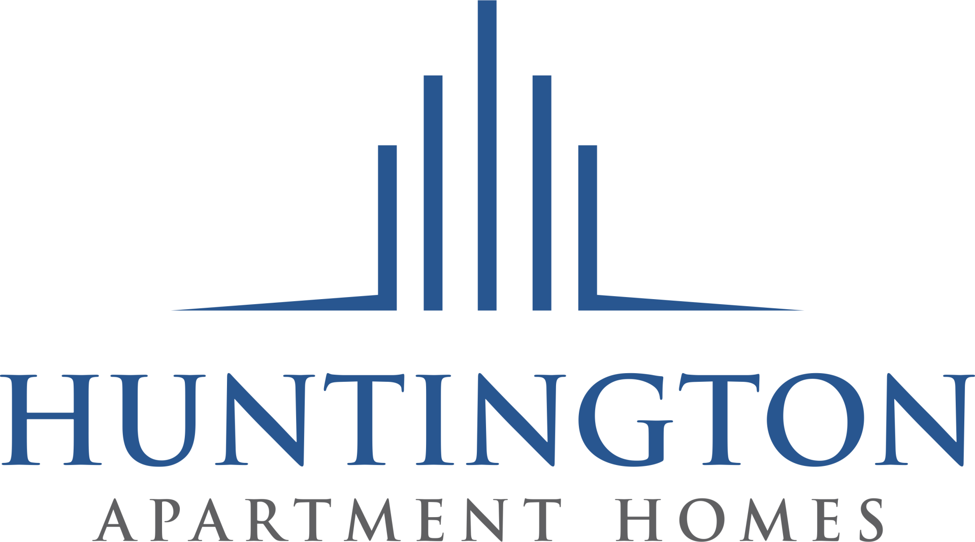 Logo for Huntington Apartment Homes featuring four blue vertical lines of varying heights above the company name in capital letters, evoking a sense of investigation and security.