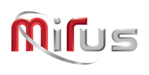 Logo with the word "Mirus" in stylized red and silver letters, featuring a curved silver swoosh wrapping around the "M," evoking a sense of investigation and security.