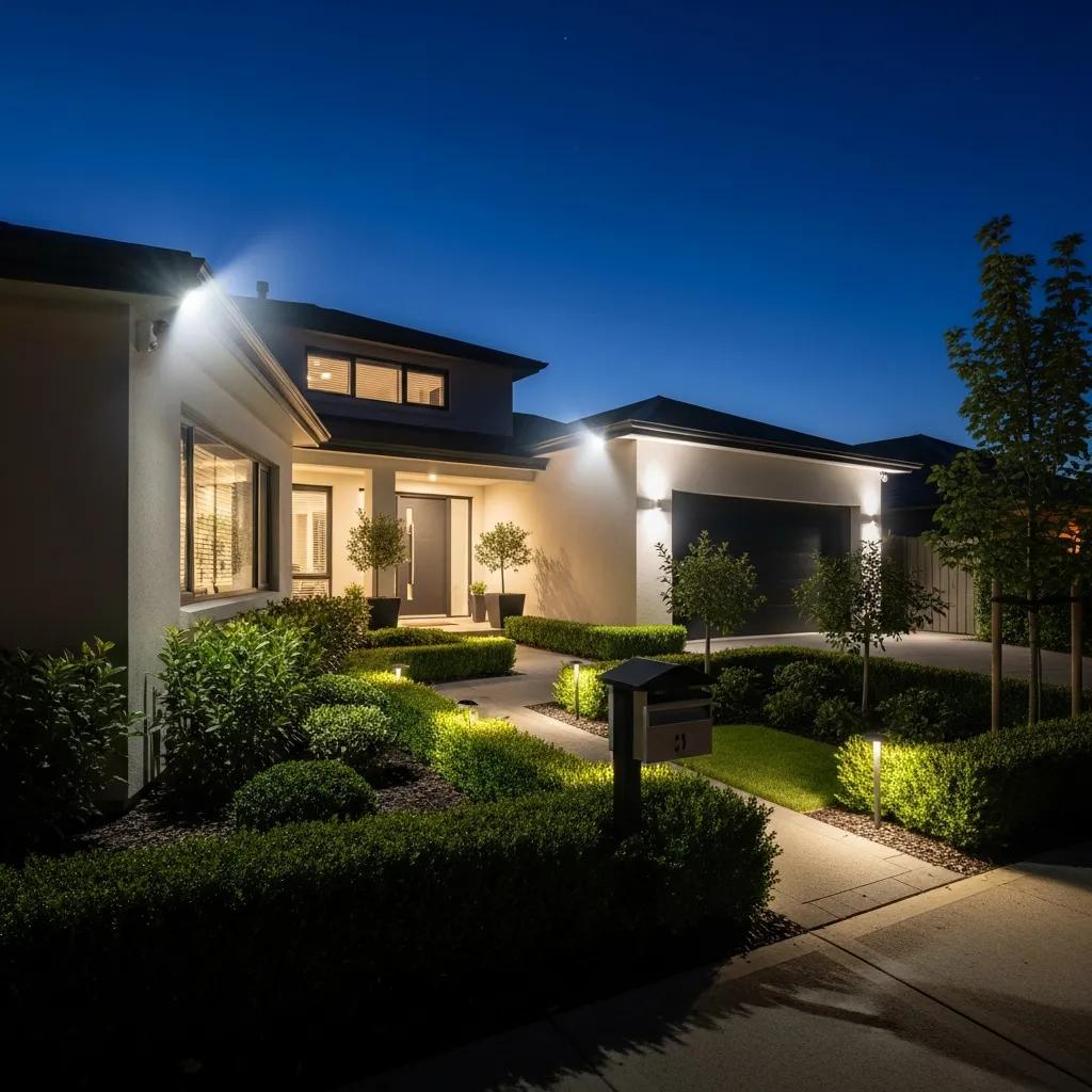 Exterior home security with motion sensor lights and strategic landscaping enhancing safety
