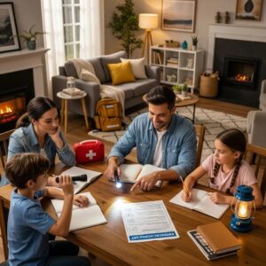 Family discussing emergency preparedness plan at a cozy dining table, using a flashlight and reviewing materials, emphasizing teamwork and safety in a living room setting.