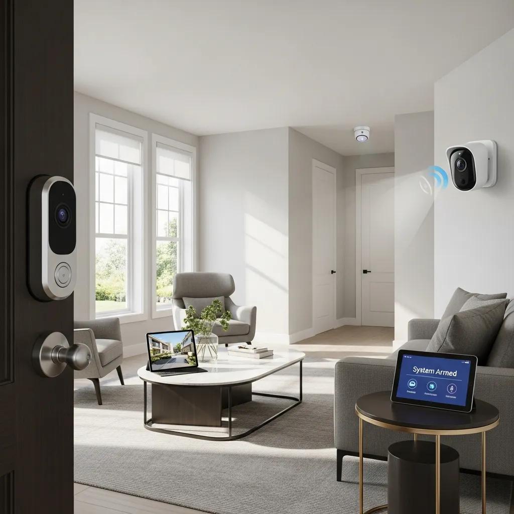 Smart home security devices including cameras, smart locks, and alarm systems improving residential safety