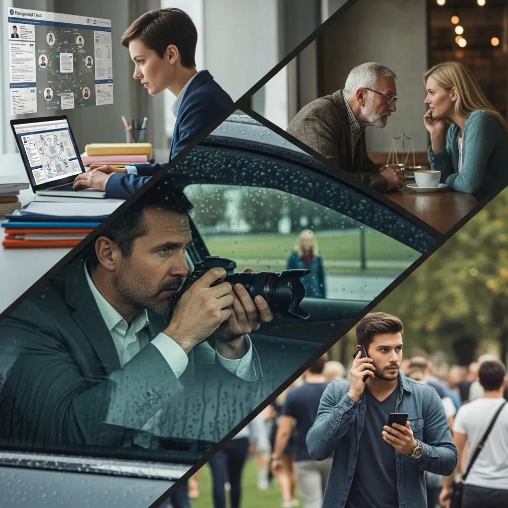Collage of private investigation services including surveillance and background checks