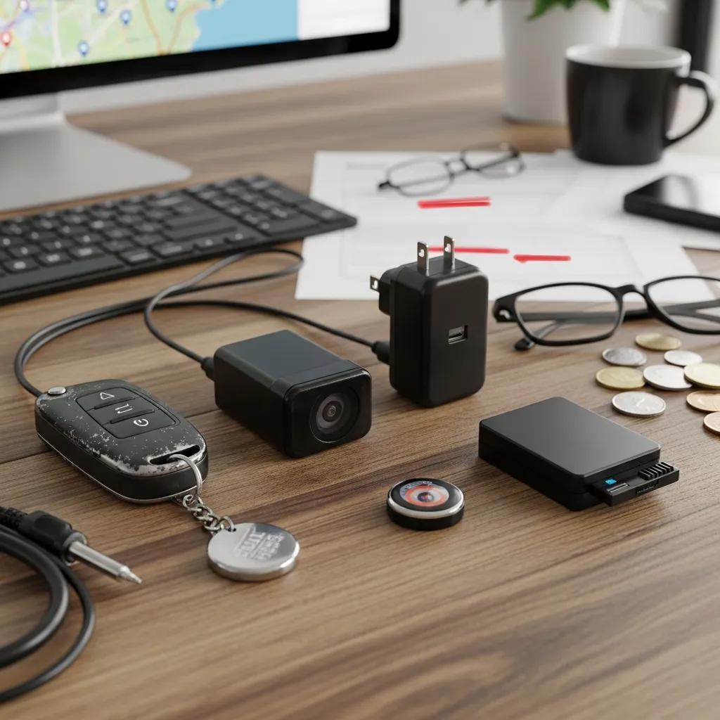 GPS Tracking for Investigations & Asset Recovery 1 Covert GPS tracking devices arranged on a table in an investigative setting