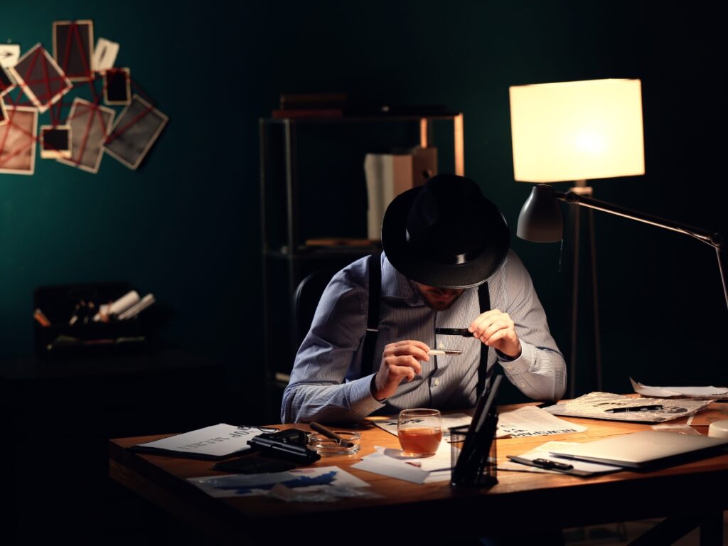 A person wearing a hat examines a document with a magnifying glass at a desk cluttered with papers, a drink, and a lamp—perhaps calculating Private Investigations Cost—in a dimly lit room adorned with photos on the wall.