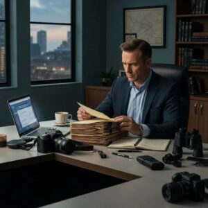 Private investigator analyzing case files in a modern office, surrounded by surveillance equipment and a laptop, emphasizing professional investigation services and security expertise.
