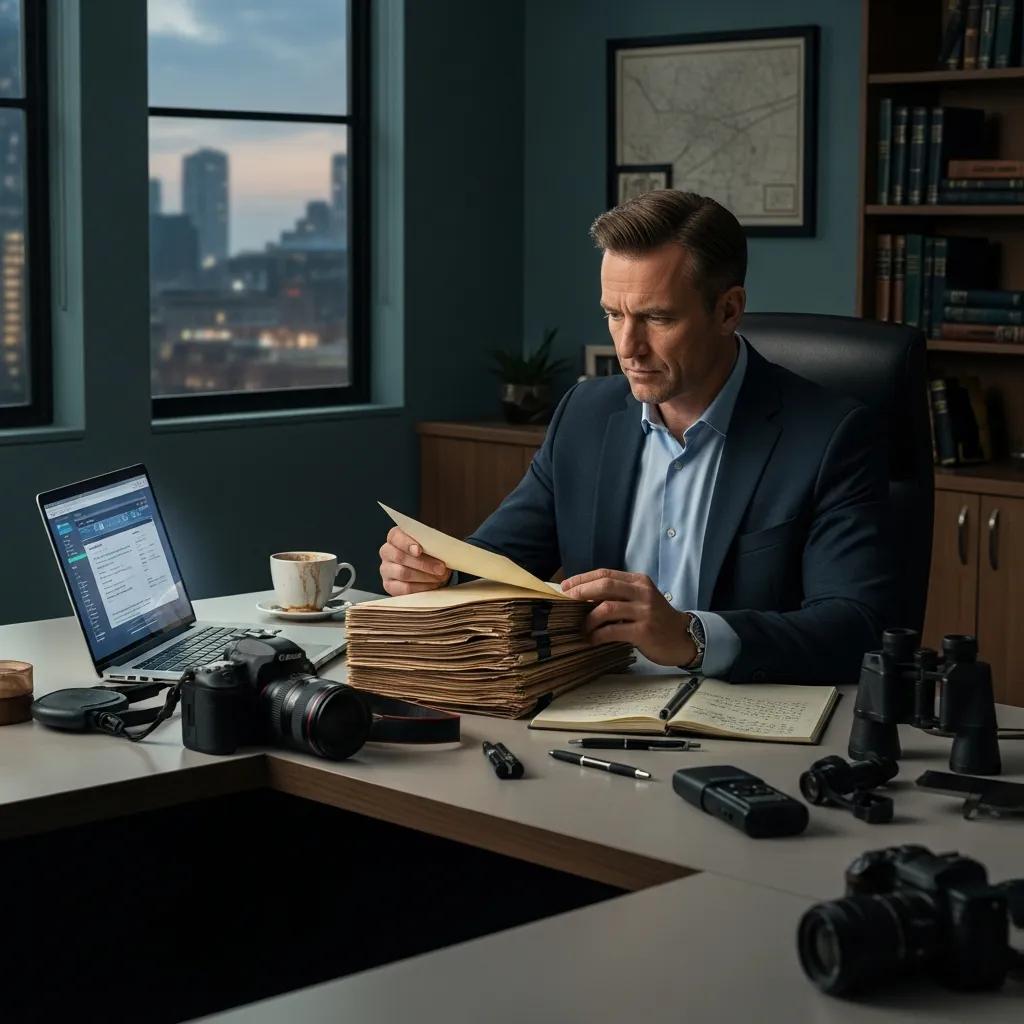 Private investigator analyzing case files in a modern office