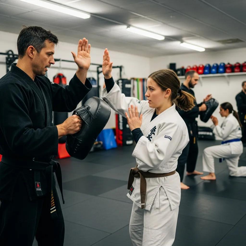 Beginner learning self-defense techniques with instructor guidance