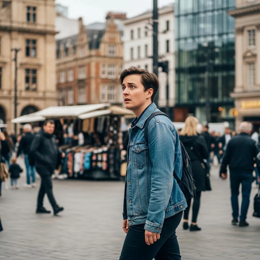 Individual practicing situational awareness in a public space