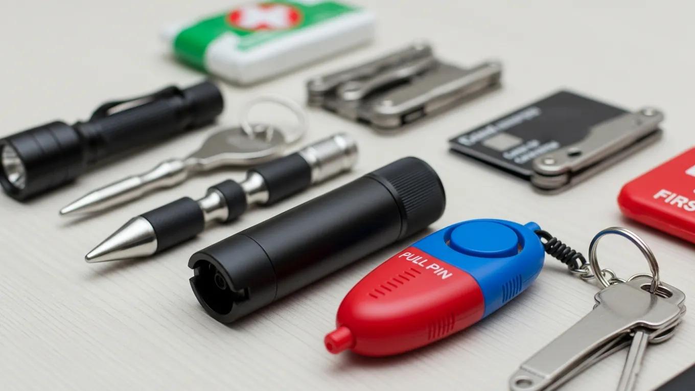 Close-up of personal safety tools including pepper spray, personal alarm, and self-defense keychain