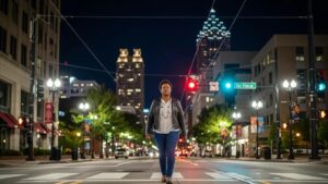 Person walking in a well-lit Atlanta street at night, emphasizing urban safety and awareness