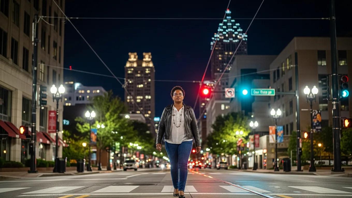 Person walking in a well-lit Atlanta street at night, emphasizing urban safety and awareness