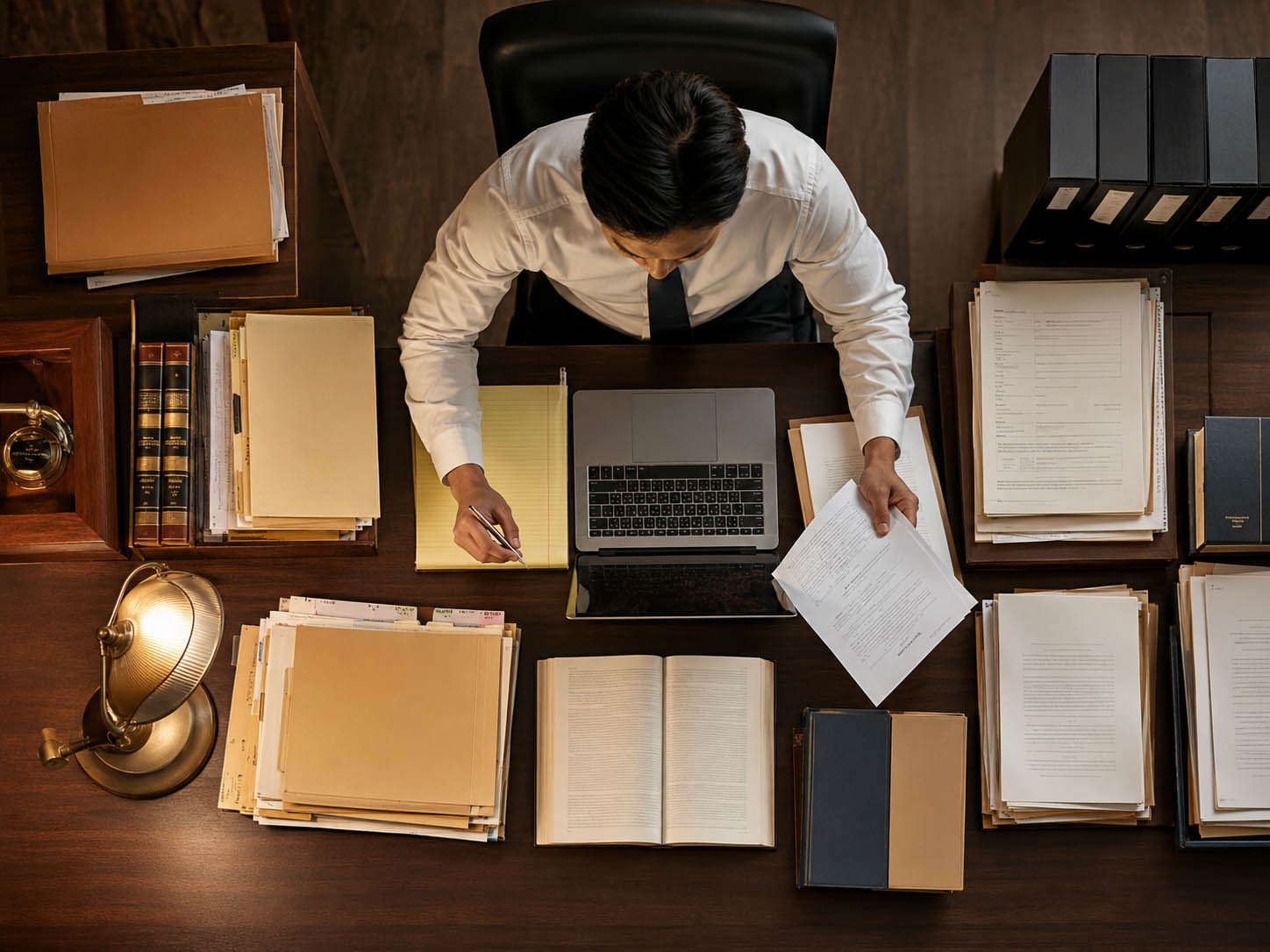 Professional reviewing documents for background checks in Marietta at a desk with a laptop and case files.