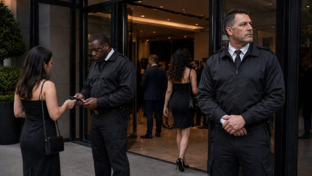 Security guards in Marietta monitoring the entrance and assisting guests outside an event venue.