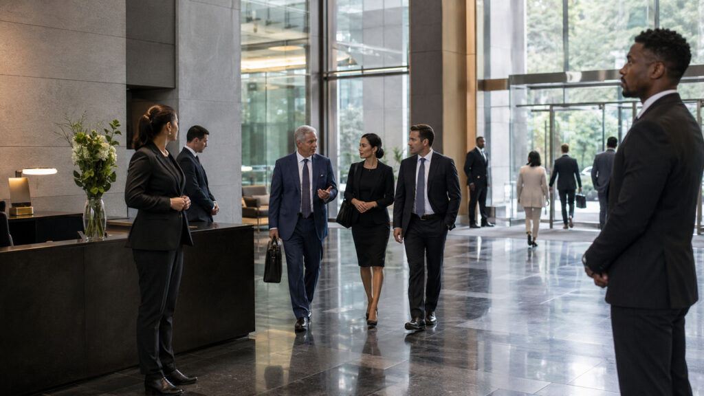 Professional security team providing executive protection in Marietta for a business executive inside a modern building.