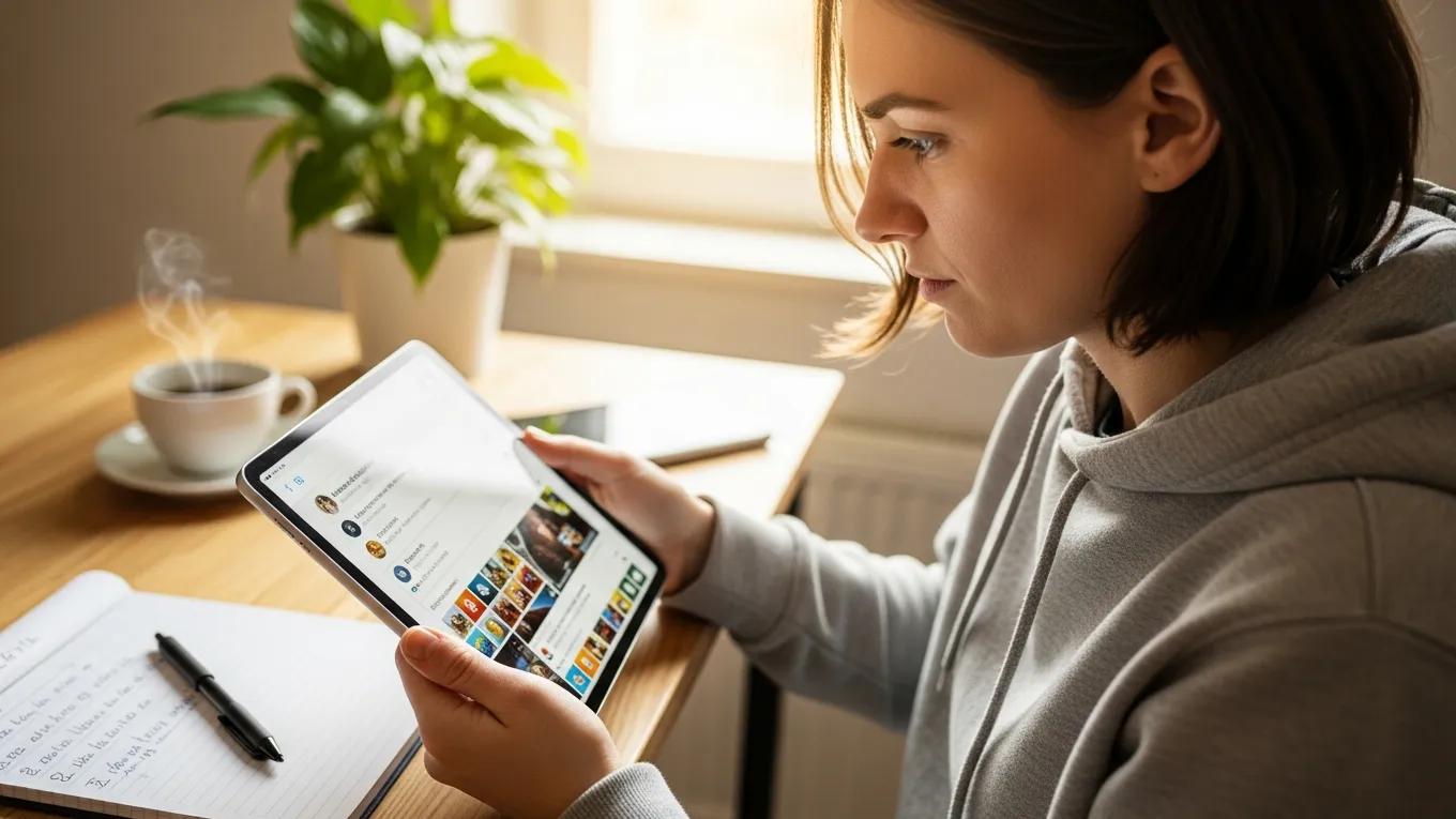 Person auditing social media accounts in a bright workspace