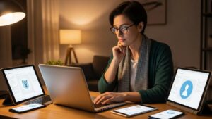 Person managing digital footprint in a cozy home office